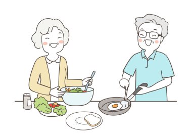 Çizilmiş büyükanne ve büyükbaba birlikte yemek. Vektör çizimi