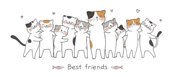 Draw Banner Cats Hugging Lettering Best Friends Vector Illustration — Stock Vector