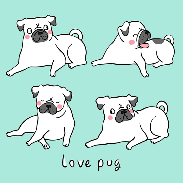 Witte Pug Honden Groene Pastel Vector Illustratie — Stockvector