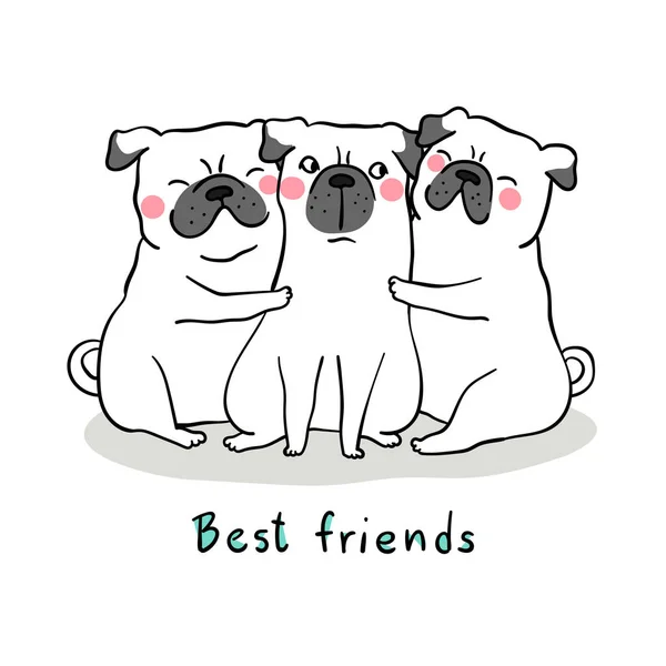 Perros Pug Abrazándose Con Amor Letras Mejores Amigos Ilustración Vectorial — Archivo Imágenes Vectoriales