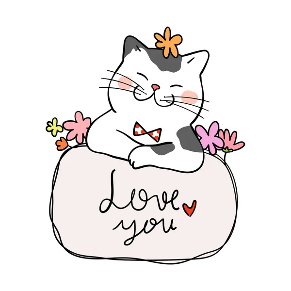 Lindo Gato Con Flores Espacio Blanco Texto Ilustración Vectorial — Vector de stock