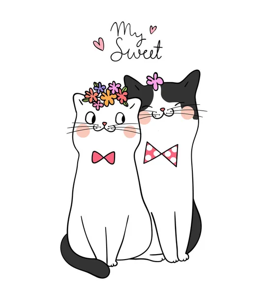 Loving Couple Cats Lettering Sweet Vector Illustration — Stock Vector