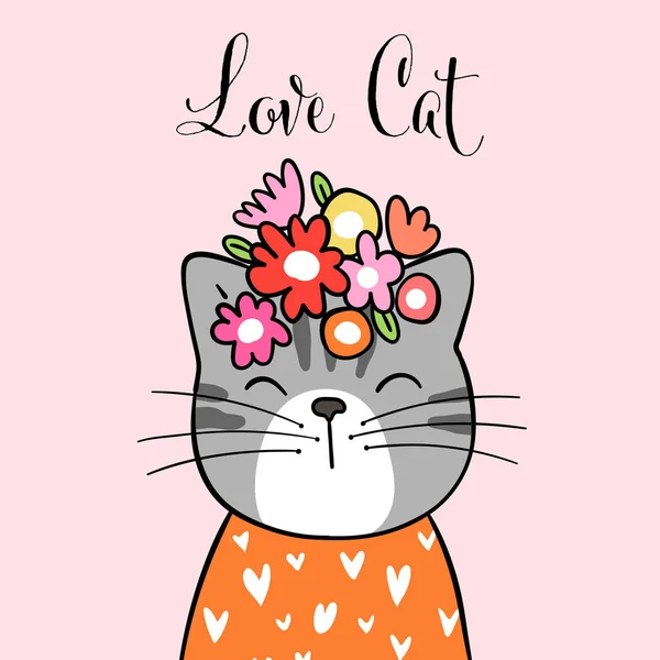 Gezeichnete Süße Katze Auf Süßem Pastell Und Schriftzug Love Cat — Stockvektor