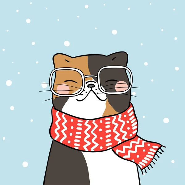 Disegnato Carino Gatto Con Sciarpa Bellezza Sulla Neve Stagione Invernale — Vettoriale Stock