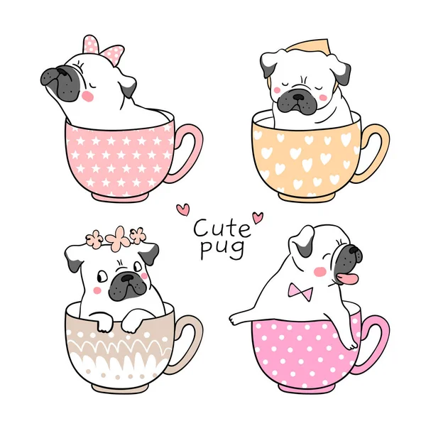 Mops Hunde Tasse Tee Vektorillustration — Stockvektor