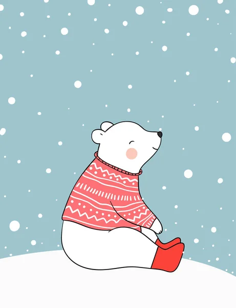 Orso Disegnato Con Maglione Rosso Seduto Sulla Neve Giorno Natale — Vettoriale Stock