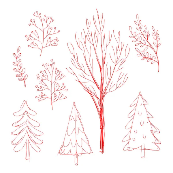 Рисованный Эскиз Красного Очертания Елки Рождество Векторная Иллюстрация — стоковый вектор