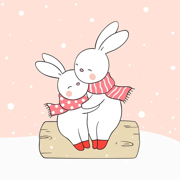 Drawn Rabbit Hug Love Snow Christmas New Year Vector Illustration — Stock Vector