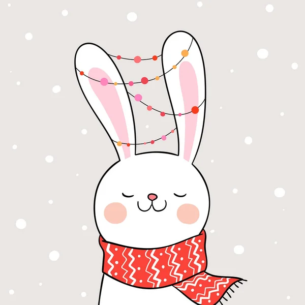 Coniglio Disegnato Con Neve Natale Anno Nuovo Illustrazione Vettoriale — Vettoriale Stock