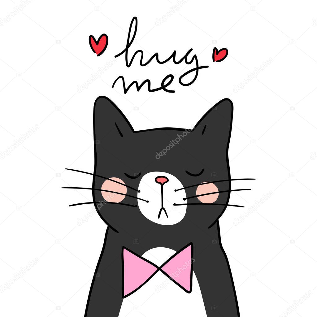 black cat with wording hug me. Vector illustration