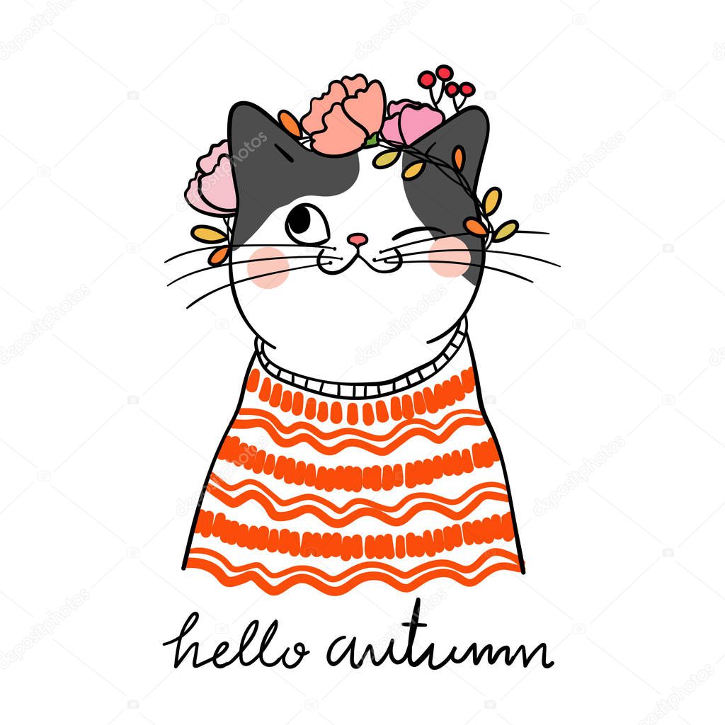 cat with beauty sweater and floral wreath on head. Vector illustration