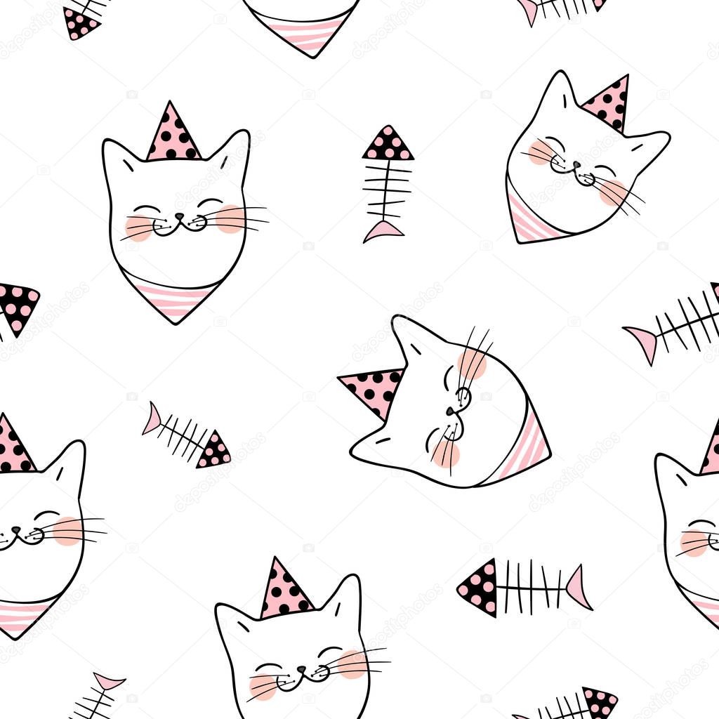 Seamless pattern with heads of cat on white. Vector illustration