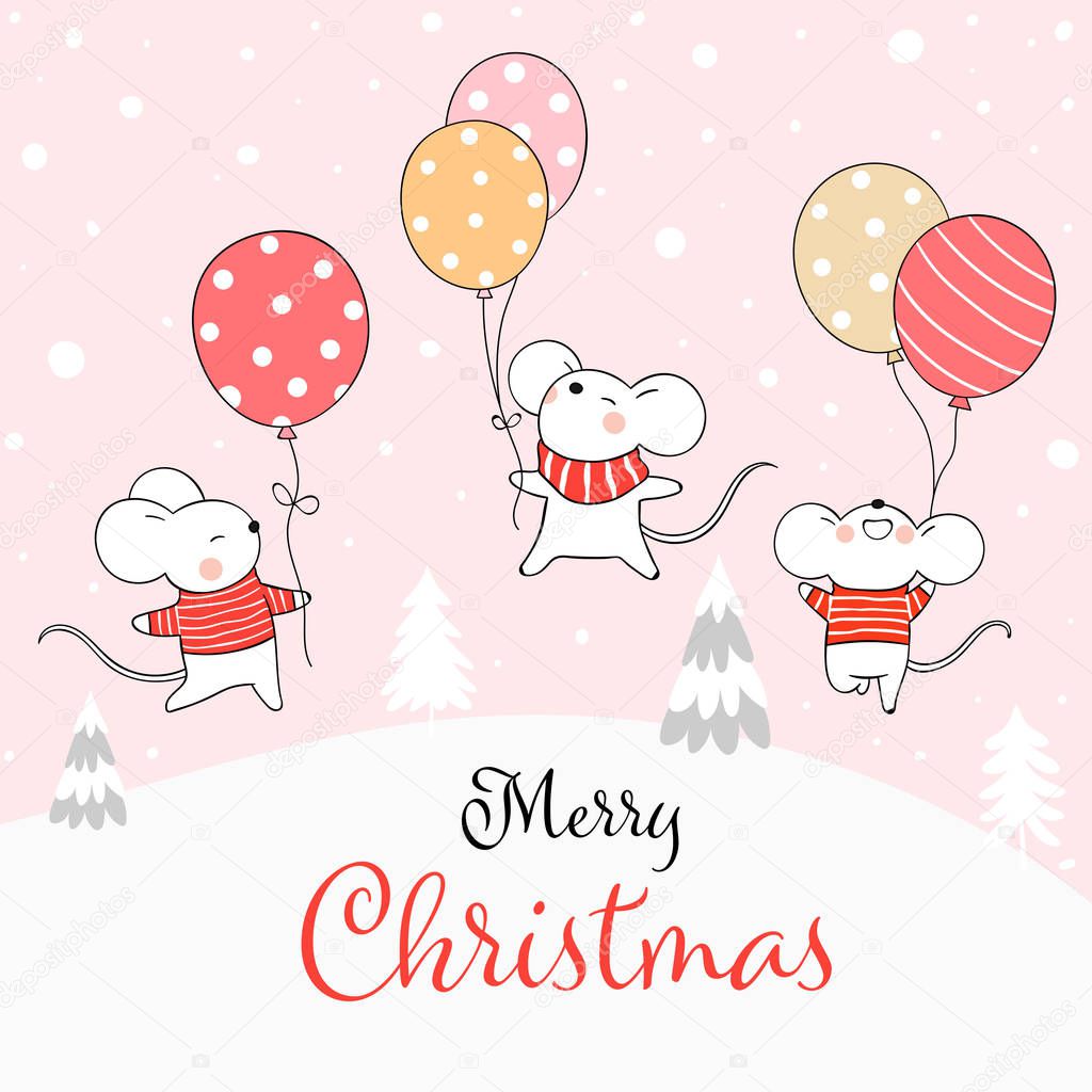 Drawn cute rat holding balloon in snow for Christmas day and New year. Vector illustration