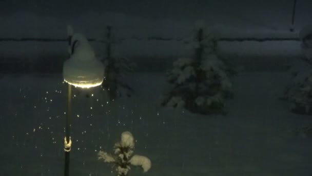 Vinter nattscen landskap av snö. Lysande lampor under snöfall. — Stockvideo