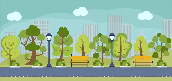 Cartoon spring or summer park panorama. Green city parks road street with trees outdoor walkway bench. Panoramic landscape June, July colorful vector background