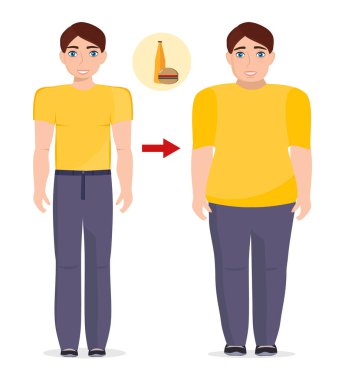 Zayıf ve mutlu şişman bir adam. Aşırı yemenin, abur cubur yemenin, hamburger, soda yemenin sonuçları.