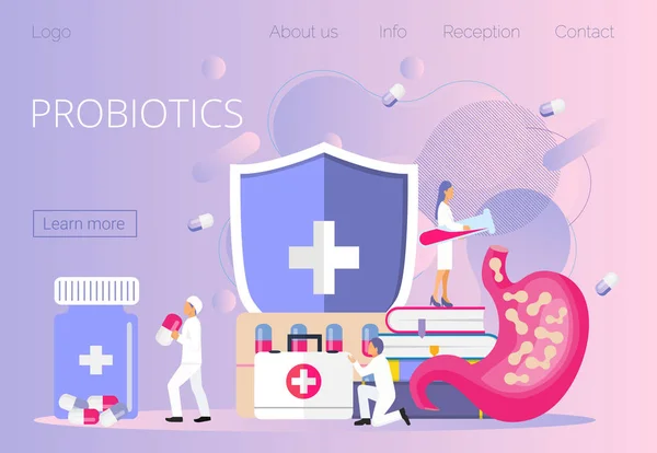 Los médicos diminutos dan prebióticos estomacales, lactobacilos. Probióticos bacterias concepto vector — Vector de stock