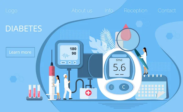 Landingspagina met Vergrootglas en bloedglucose testmeter, dokters, kleine mensen — Stockvector