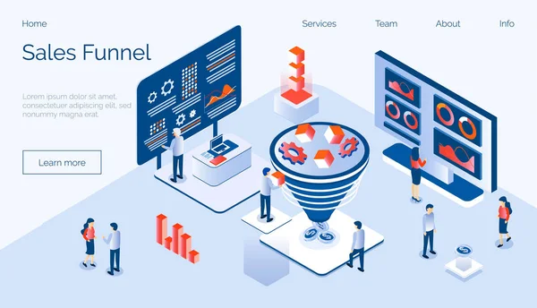 Embudo de ventas vector concepto isométrico con gente pequeña, diagrama, monedas, engranajes, cubo — Vector de stock