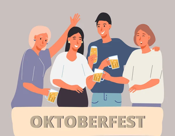 Orang-orang minum bir dalam perayaan pesta Oktoberfest. Teman-teman bersenang-senang, mereka senang bertemu bersama - Stok Vektor