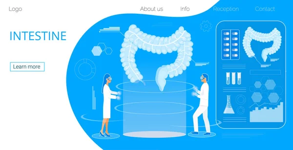 Holograma intestinal concepto de atención médica, los médicos tratan la disbiosis, realizan una exploración por rayos X . — Vector de stock