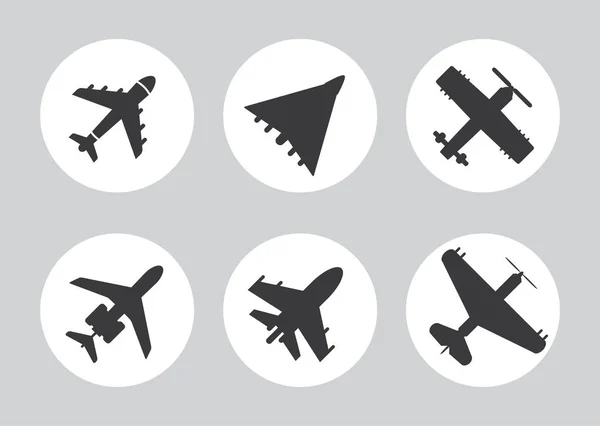 Iconos vectoriales de aviones: avión de pasajeros, avión de combate y tornillo. Señales de jet para ruta aérea — Vector de stock