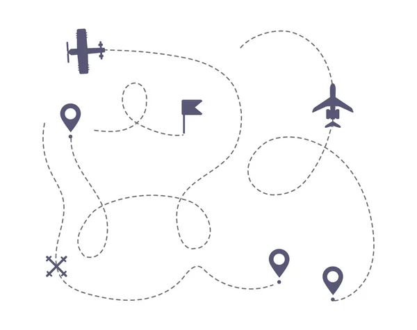 Airplane line path vector icons of air plane flight route with start point. — Stock Vector