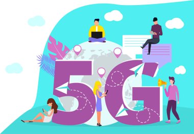 5g ağ kablosuz kavram vektörü. Büyük harfler 5g mavi arka planda gösterilir.