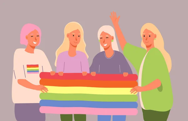 Sejarah LGBT bulan Oktober, minggu, hari. Lesbian, gadis biseksual memegang bendera pelangi dan tertawa . - Stok Vektor