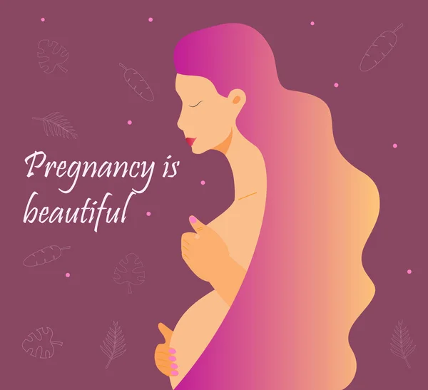 긴 머리를 가진 임신 한 매력적인 여성이 미소짓고 있습니다. 임신은 아름답습니다. 꽃 배경. — 스톡 벡터