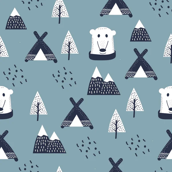 Σκανδιναβικό στυλ παιδιά, υφή μωρού για ύφασμα, υφάσματα, πιτζάμες, ενδύματα. Σχέδιο χεριού, λευκές αρκούδες χωρίς ραφές — Φωτογραφία Αρχείου