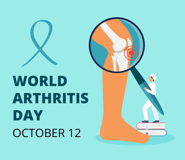 Día mundial de la artritis en octubre. Los médicos pequeños tratan el reumatismo, la osteoartritis. Cuidado de la salud vector concepto plano — Archivo Imágenes Vectoriales