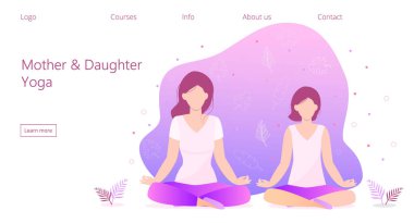 İniş sayfası için anne-kız yoga konsepti vektörü. Zen rahatlama duruşu, meditasyon, kendini geliştirme