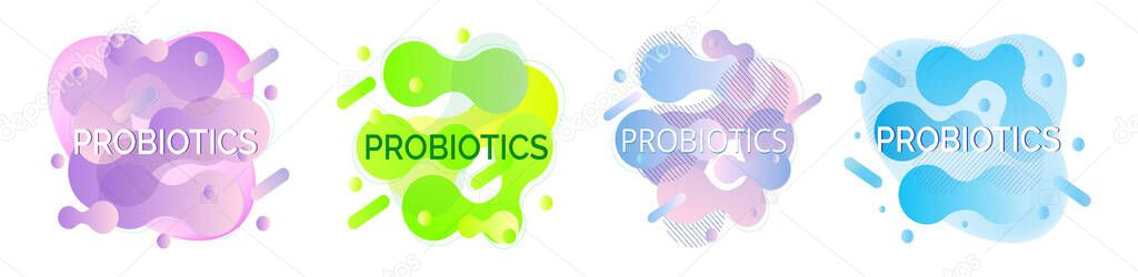 Set of banners of probiotics and bacterial fluid. Lactobacillus logo with text. Amorphous symbols for milk products