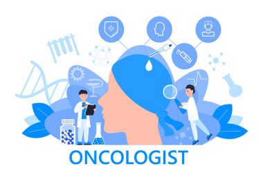 Uygulama, web, blog için onkoloji konsepti vektörü. Onkolojinin küçük doktorları hastaları tedavi eder ve kanserle savaşır. İnovasyon terapisi illüstrasyonu. Serum sıvıları ve kemoterapi pankartı..