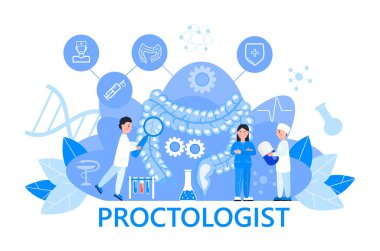 Tıbbi ağ için proktolog konsept vektörü. Uygulama. Blog. Bağırsak doktorları disbiyozu inceliyor, tedavi ediyor. Küçük proktoloji terapisti zararlı bakterilere büyüteçle bakıyor..