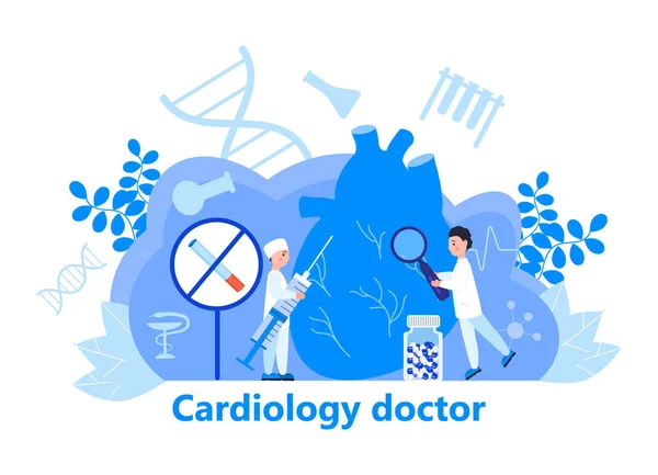 Vettore concettuale cardiologo per intestazione web. Illustrazione di ipotensione e ipertensione per applicazioni cardiologiche, web. Sintomi e prevenzione della pressione sanguigna. Piccoli medici trattano il cuore . — Vettoriale Stock