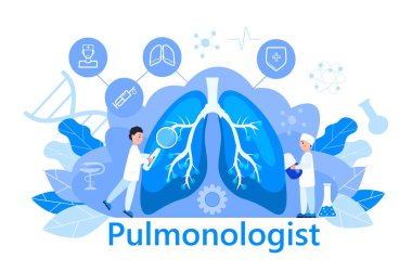 Pulmonolog konsept vektörü. Pulmoner fibrozis, tüberküloz çizimi. Zatürree, akciğer röntgen cihazı. Küçük doktorlar ciğerleri tedavi eder, tararlar.