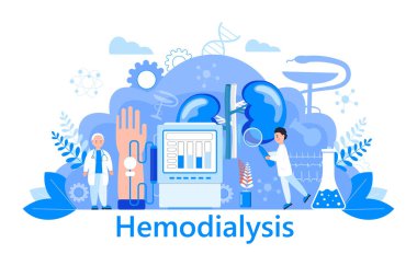 Hemodiyaliz konsepti vektörü. Akut ve kronik böbrek yetmezliğinde dünya dışı kan temizleme yöntemi. Küçük doktorlar tedavi eder, böbrekleri test eder. Web sitesi için mavi şablon, iniş sayfası.