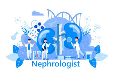 Hemodiyaliz konsepti vektörü. Akut ve kronik böbrek yetmezliğinde dünya dışı kan temizleme yöntemi. Küçük doktorlar tedavi eder, böbrekleri test eder. Web sitesi için mavi şablon, iniş sayfası.