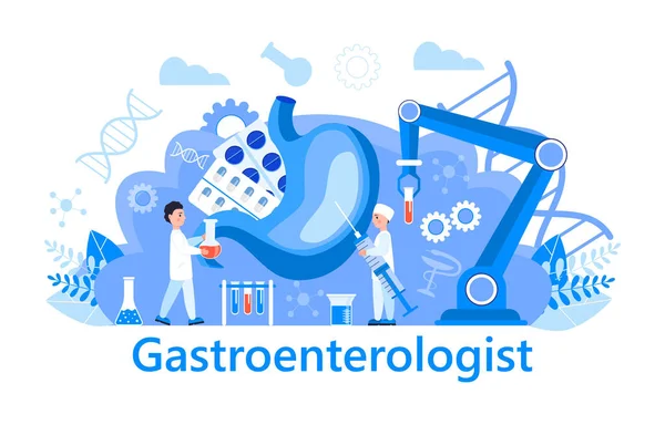 Gastroenterologi Koncept Vektor Magläkare Undersöker Behandlar Dysbios Liten Gastroenterolog Tittar — Stock vektor