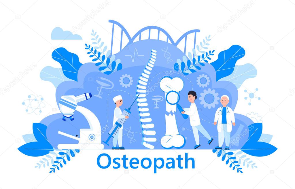 Osteopath vector concept. Osteoporosis world day,. Tiny doctors research osteoarthritis anatomical bones of human. Joint pain, fragility of lower leg are shown. It is for landing page, app, banner.