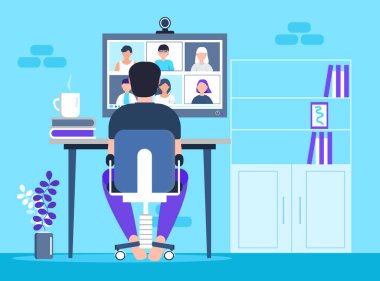 Uzaktan kumanda sınıfı ders çalışıyor. Video konferans konsept vektörü. Karantina sırasındaki sosyal mesafeler. Üniversite çevrimiçi kurs illüstrasyonu. Telekonferans ve Webinar konsepti. Öğretmen çalışıyor.