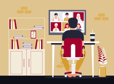 Uzaktan kumanda sınıfı ders çalışıyor. Video konferans konsept vektörü. Karantina sırasındaki sosyal mesafeler. Üniversite çevrimiçi kurs illüstrasyonu. Telekonferans ve Webinar konsepti. Öğretmen çalışıyor.
