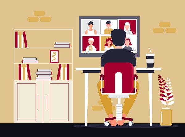 Remote school class is studying. Video call conference concept vector. Social distancing during quarantine. University online course illustration. Teleconference and webinar concept. Teacher works.