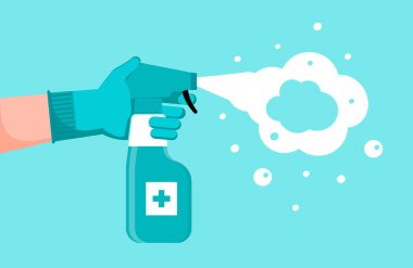 Uygulama, web, iniş sayfası için dezenfeksiyon konsepti vektörü. Eldivenli bir insan antiseptik sprey tutuyor. El dezenfektanı şişesi, antiseptik jel gösteriliyor. PPE için ayırt edici sıvılar.