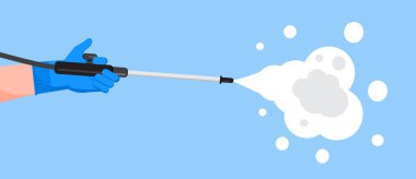 Uygulama, web, iniş sayfası için dezenfeksiyon konsepti vektörü. Eldivenli bir insan antiseptik sprey tutuyor. El dezenfektanı şişesi, antiseptik jel gösteriliyor. PPE için ayırt edici sıvılar.