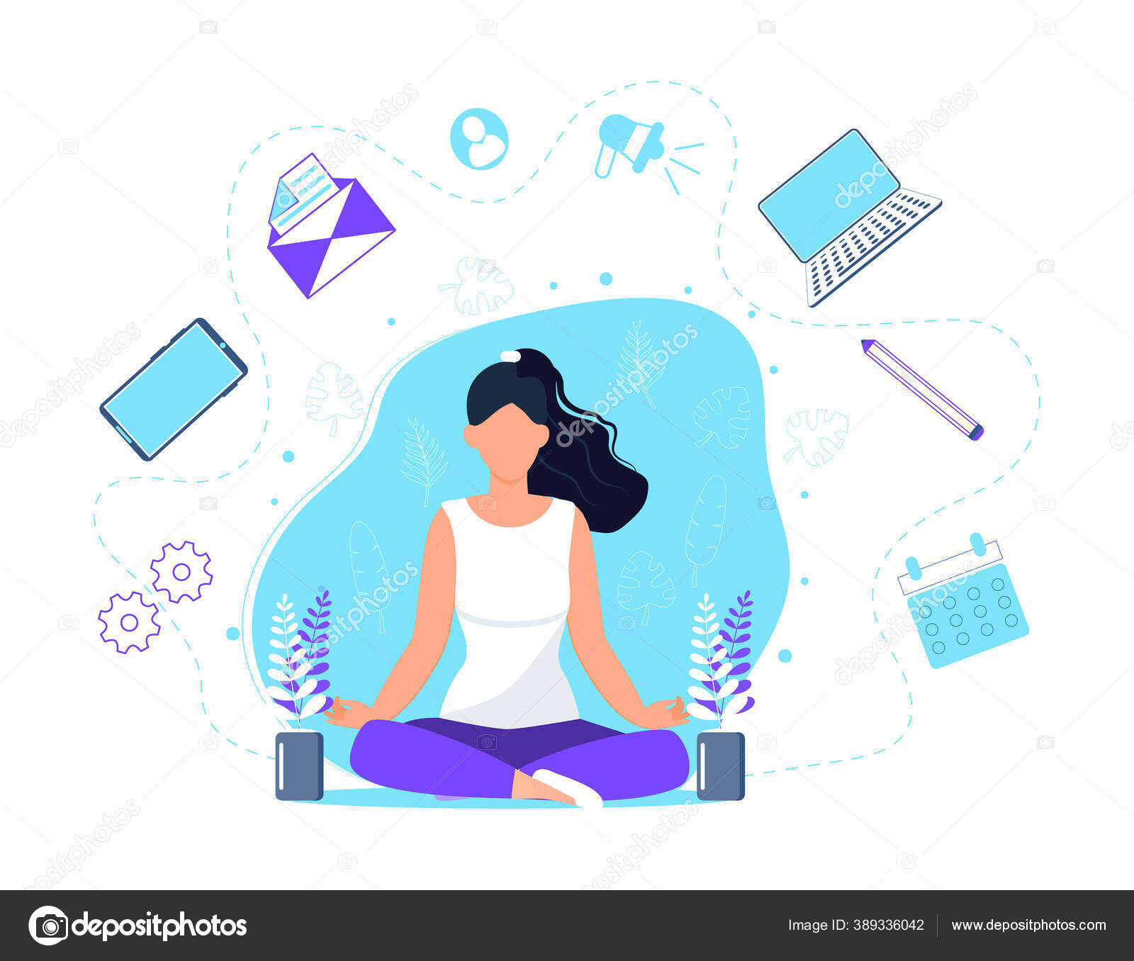 Vetor de conceito de ioga de negócios. Meditação de escritório,  auto-aperfeiçoamento, controlando a mente e as emoções, zen relaxar prática  de ioga concentração. Mulher está sentada na posição de lótus . imagem