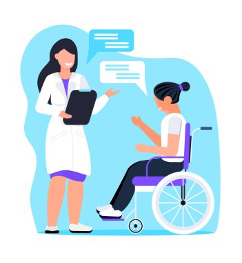 Psikolog konsept vektörü. Engelli kadın profesyonel psikoloji konsültasyonu alıyor. Depresyon, üzüntü, zihinsel sağlık örnekleri. Tıbbi, çevrimiçi, terapist bir kadının yardım hizmeti.