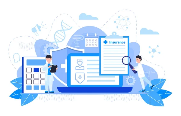 Concepto de vector de seguro de salud, las personas con médico llenan el seguro de formulario en línea de salud. Ayuda agente de servicio para calcular la factura del seguro. se puede utilizar para landing page, ui, web — Archivo Imágenes Vectoriales